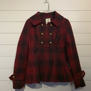 Anthropologie Red Plaid Wanigan Peplum Wool Coat
